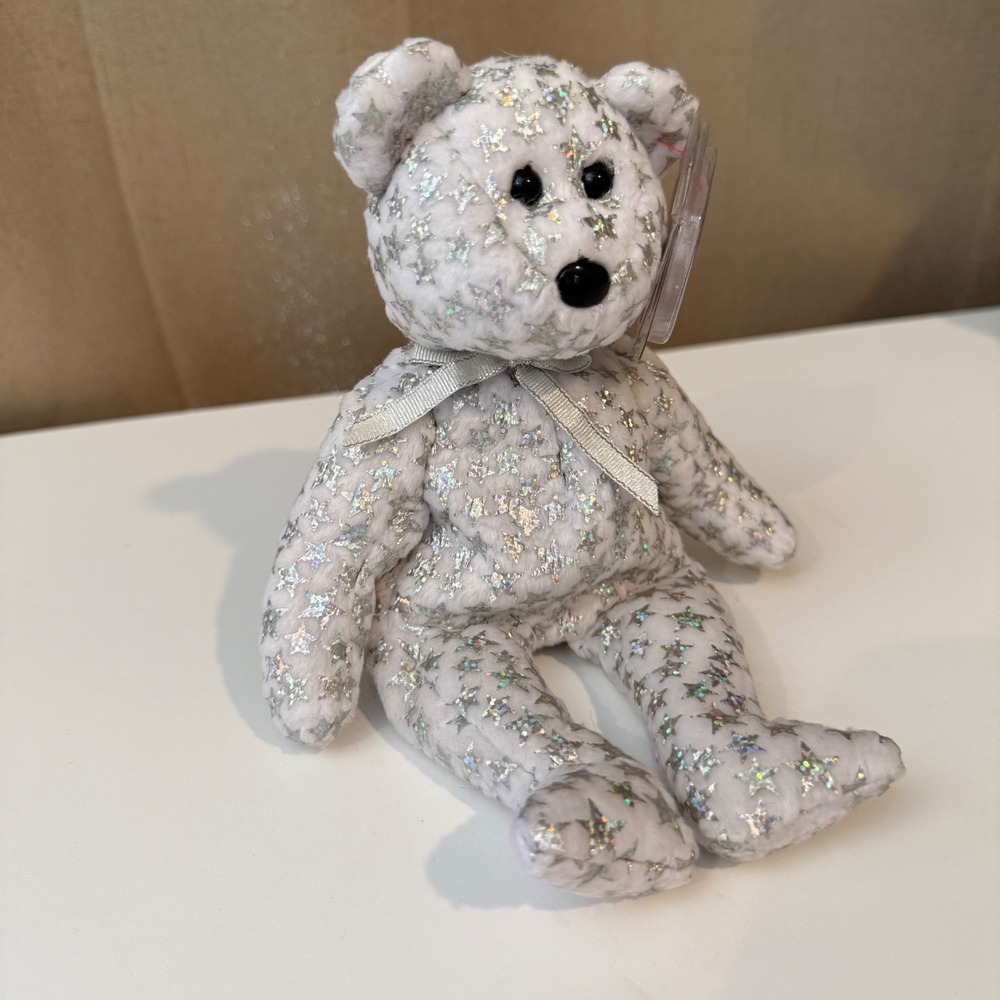 Ty Beanie Baby The Beginning White Bear Holographic Silver Stars 2000 Millennium